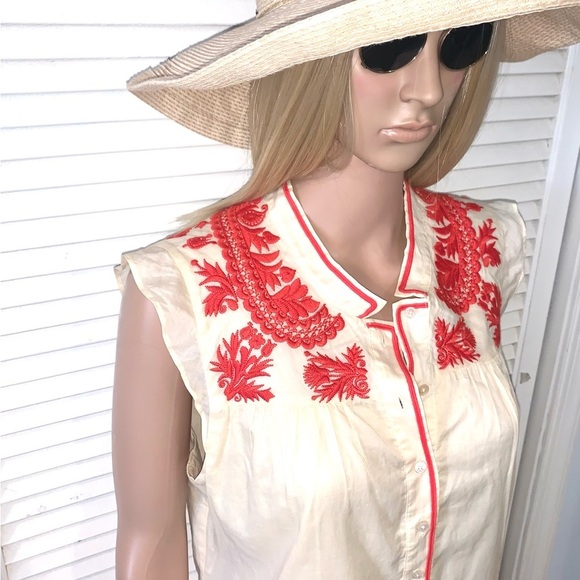 J. Crew ivory blouse with orange accent embroidery double layered Women’s size 8 - Picture 4 of 7